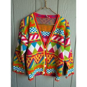 Vintage Grand Knitwear Colorful Geometric Knit Cardigan 80s 90s Sweater